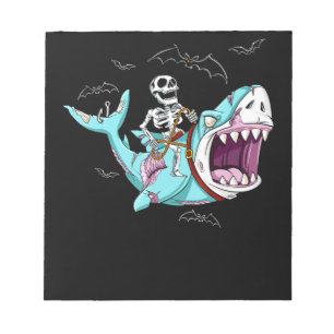 Skeleton Riding Zombie Shark Funny Halloween Gift Notepad