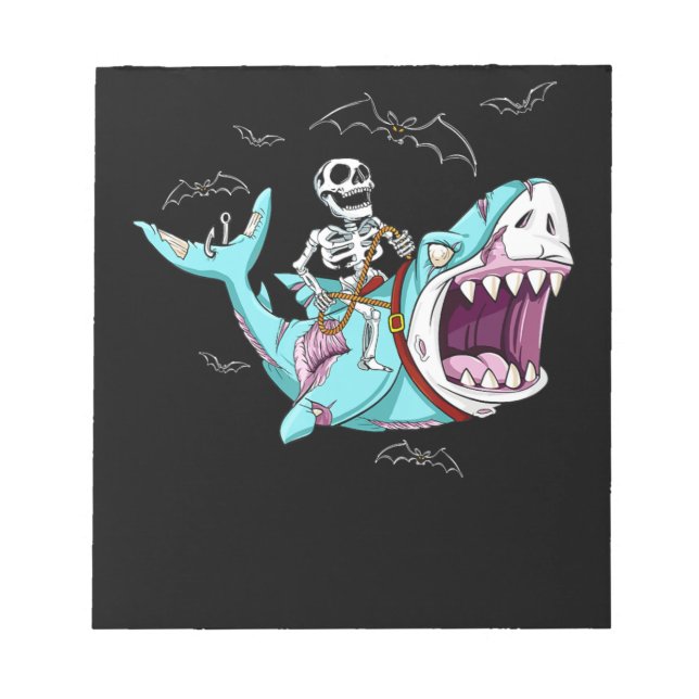 Skeleton Riding Zombie Shark Funny Halloween Gift Notepad (Front)