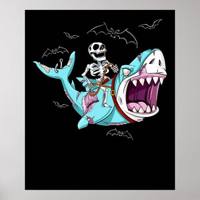 Skeleton Riding Zombie Shark Funny Halloween Gift Poster (Front)