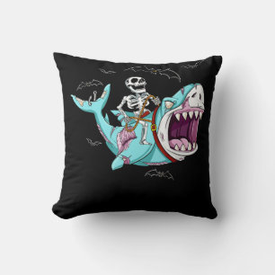 Skeleton Riding Zombie Shark Funny Halloween Gift Throw Pillow