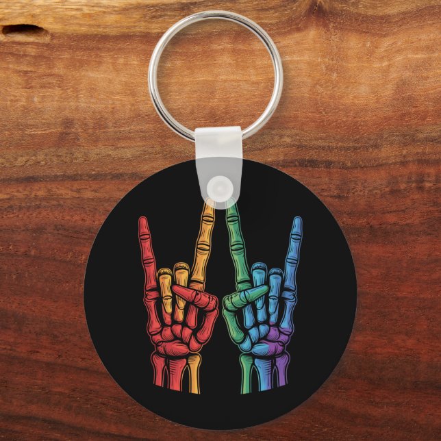 Skeleton Rock Hand LGBTQ Rainbow Flag Gay Pride  Keychain (Front)