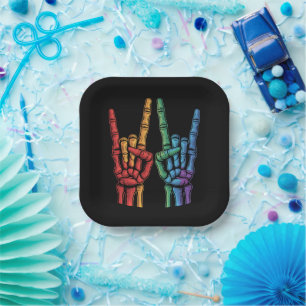 Skeleton Rock Hand LGBTQ Rainbow Flag Gay Pride Paper Plate