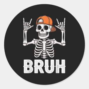 Skeleton Rock On Bruh Halloween For Mens Boys Kids Classic Round Sticker