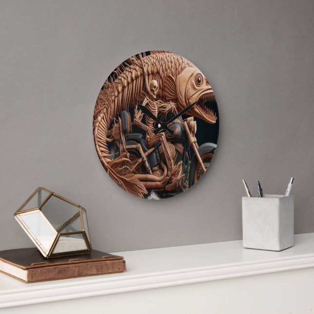 skeleton rode his chopper bike down trail large clock (Office)