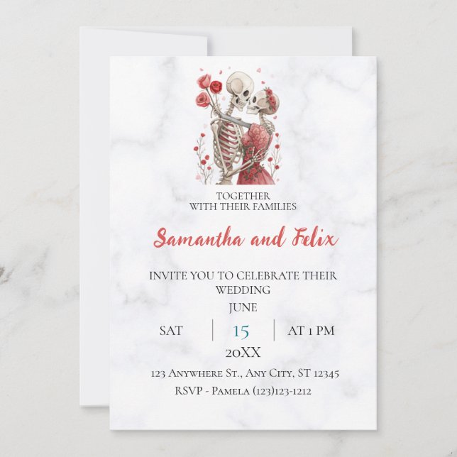 Skeleton Rose Lovers Marble Wedding Invitation (Front)