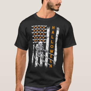 Skeleton Running Halloween Runner US flag T-Shirt
