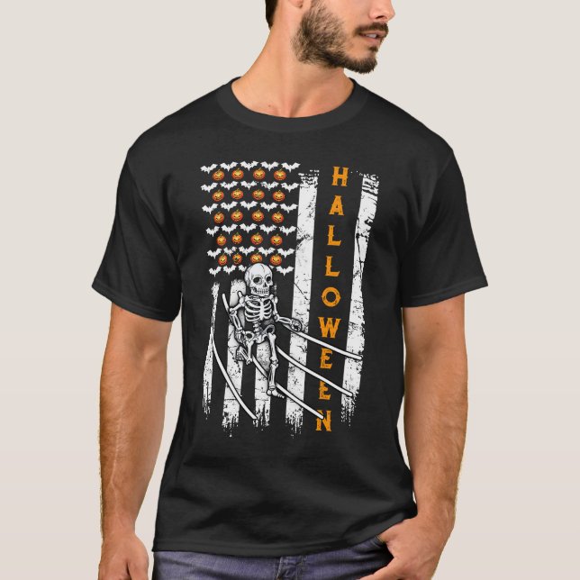Skeleton Running Halloween Runner US flag T-Shirt (Front)