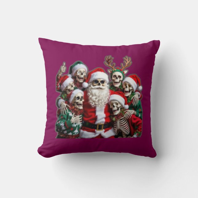 Skeleton Santa Christmas Group Photo – Festive 3D  Throw Pillow (Front)
