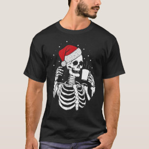 Skeleton Santa Hat Drinking Coffee Christmas T-Shirt