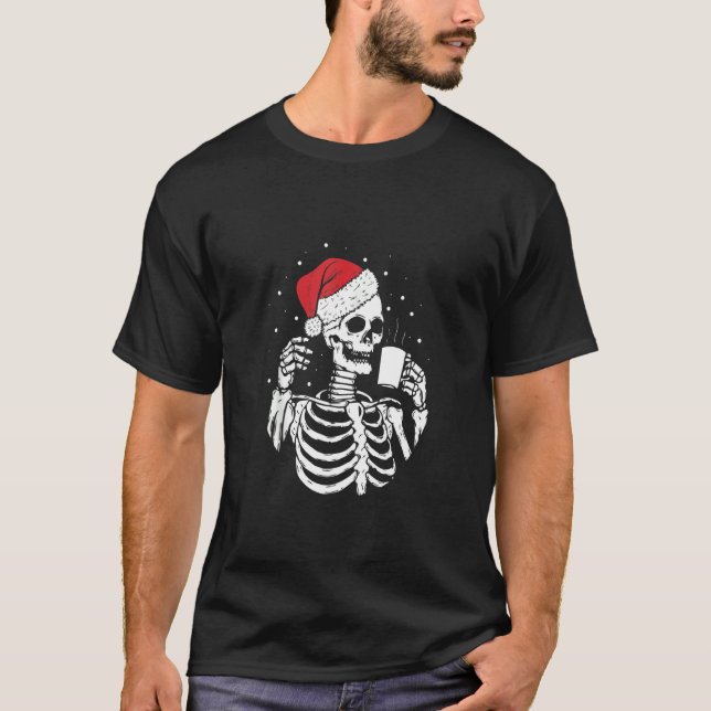 Skeleton Santa Hat Drinking Coffee Funny Christmas T-Shirt (Front)