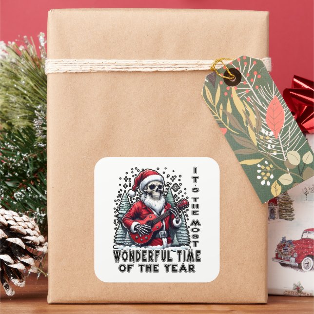 Skeleton Santa Playing Guitar Christmas Square Sticker (Holiday)