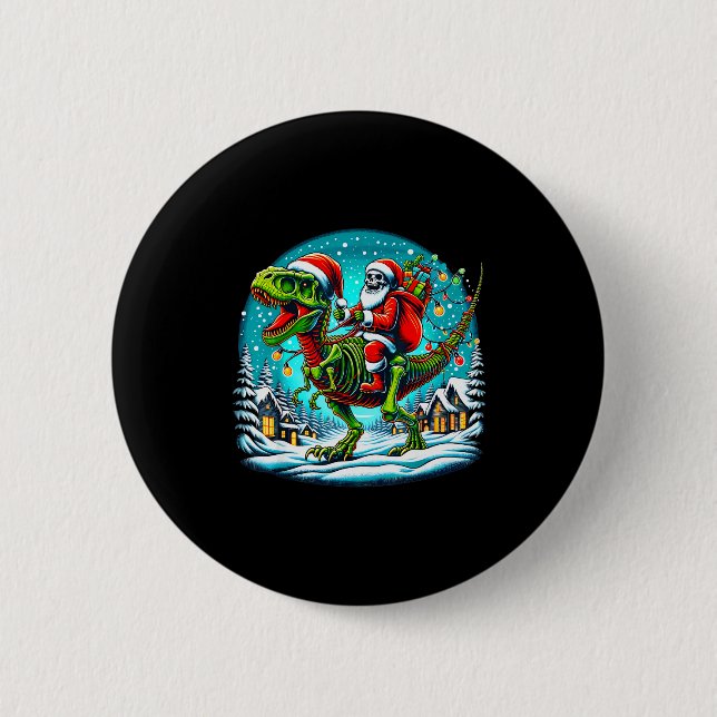 Skeleton Santa Riding T Rex Dinosaur Funny Christm 2 Inch Round Button (Front)