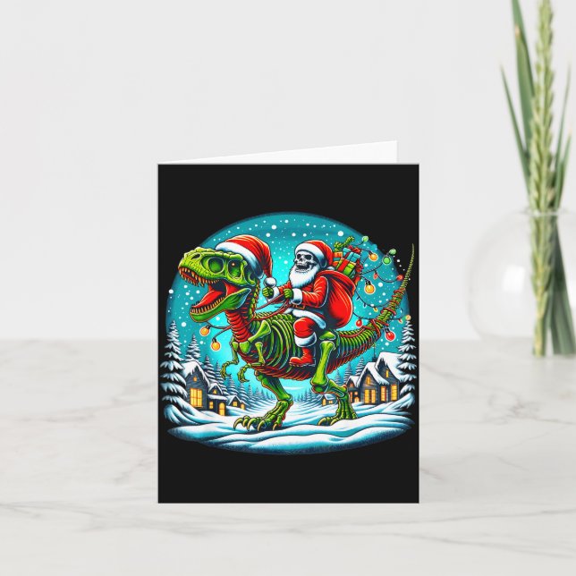 Skeleton Santa Riding T Rex Dinosaur Funny Christm Card (Front)