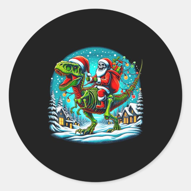 Skeleton Santa Riding T Rex Dinosaur Funny Christm Classic Round Sticker (Front)