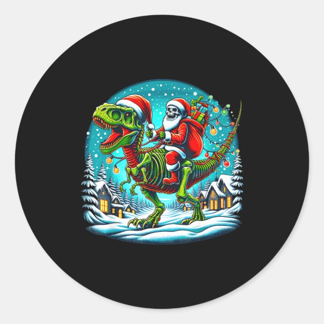 Skeleton Santa Riding T Rex Dinosaur Funny Christm Classic Round Sticker (Front)