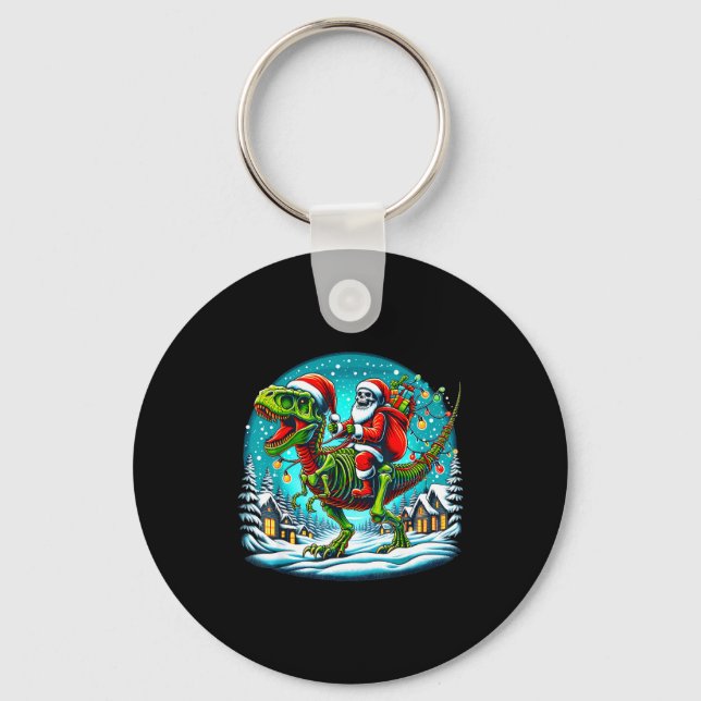 Skeleton Santa Riding T Rex Dinosaur Funny Christm Keychain (Front)