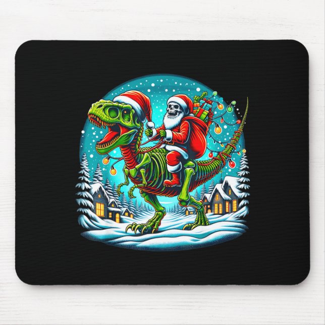 Skeleton Santa Riding T Rex Dinosaur Funny Christm Mouse Pad (Front)