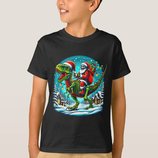 Skeleton Santa Riding T Rex Dinosaur Funny Christm T-Shirt (Front)