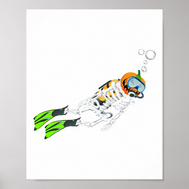 Skeleton Scuba Diving Halloween Pumpkin Diver  Poster (Front)