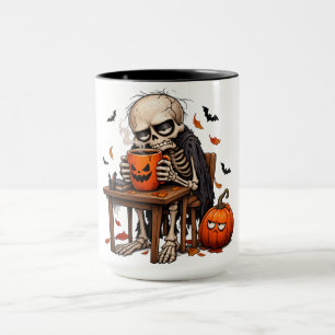 Skeleton Sipping Pumpkin Mug Halloween