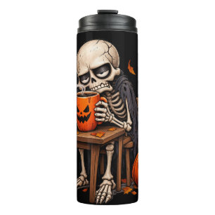 Skeleton Sipping Pumpkin Mug Halloween