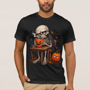Skeleton Sipping Pumpkin Mug Halloween T-Shirt
