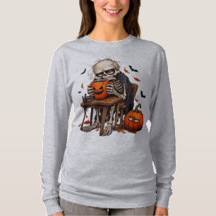Skeleton Sipping Pumpkin Mug Halloween T-Shirt