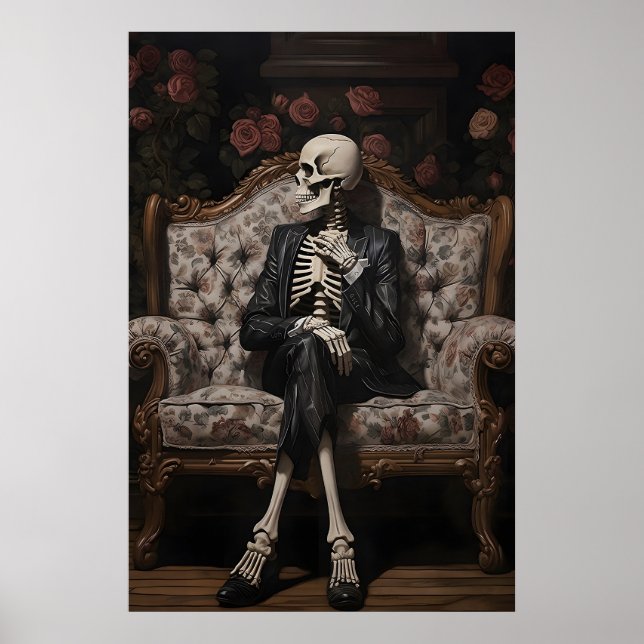 Skeleton sitting on sofa print, victorian floral poster (Front)