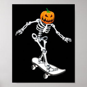 Skeleton Skateboarding Halloween Pumpkin Skateboar Poster