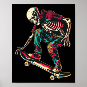 Skeleton Skateboarding – Retro Neon Skater Skull A Poster