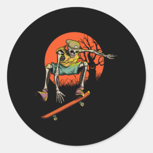 Skeleton Skater In Halloween With Skateboard  Classic Round Sticker
