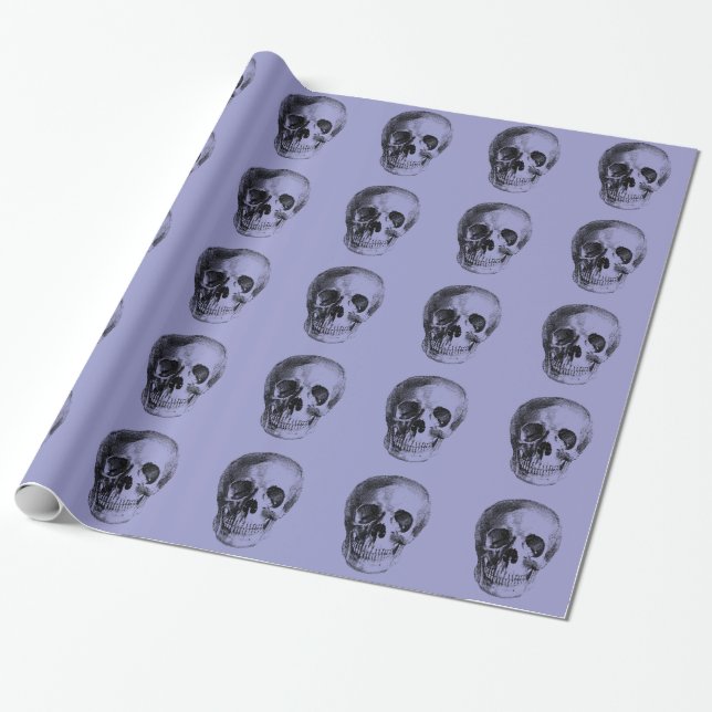 Skeleton Skull Head - Happy Halloween Birthday Wrapping Paper (Unrolled)