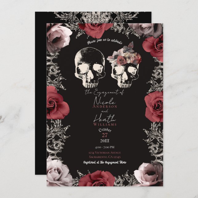 Skeleton Skull Mauve Dusty Rose Gothic Engagement  Invitation (Front/Back)