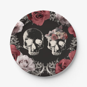 Skeleton Skull Mauve Dusty Rose Gothic Wedding Paper Plate