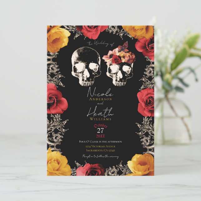 Skeleton Skull Red Yellow Fall Floral Wedding   Invitation (Standing Front)