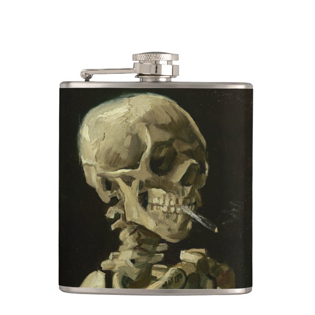 Skeleton Skull with Burning Cigarette by Van Gogh Hip Flask (Front)