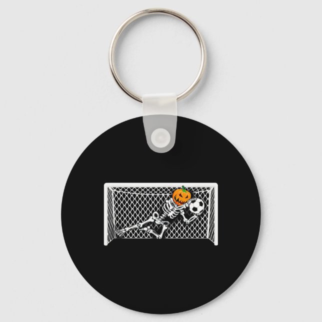 Skeleton Soccer Goal Keeper Halloween Pumpkin Keychain (Front)