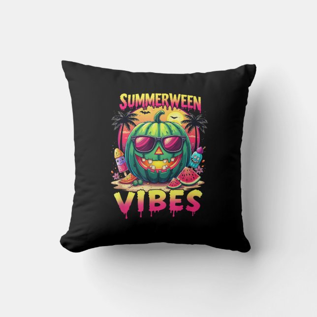 Skeleton Summer Summerween Vibes Watermelon Jack-O Throw Pillow (Front)
