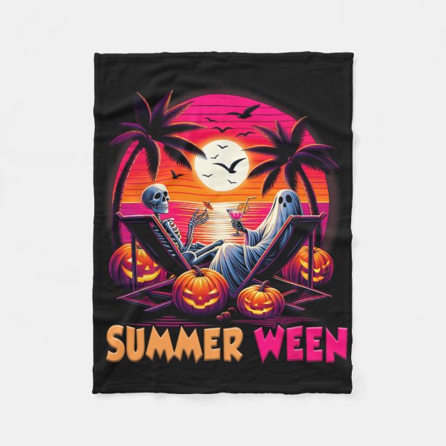 Skeleton Summer-ween Beach Halloween Vibe Sunset P Fleece Blanket (Front)
