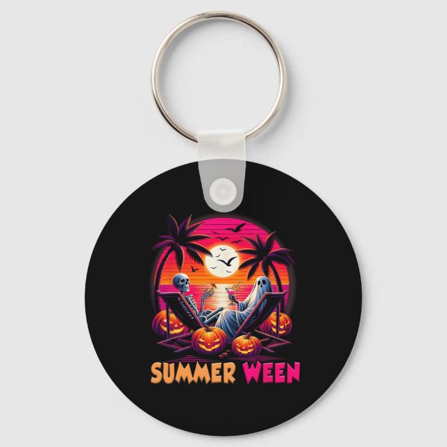 Skeleton Summer-ween Beach Halloween Vibe Sunset P Keychain (Front)