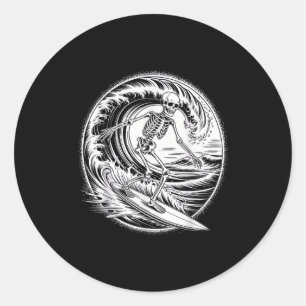 Skeleton Surfer Vintage Big Wave Surfing Funny Hal Classic Round Sticker