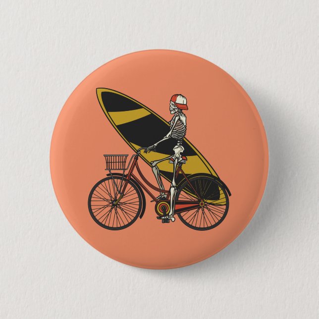 Skeleton Surfer with Surfboard 2 Inch Round Button (Front)