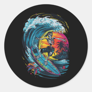 Skeleton Surfing Classic Round Sticker