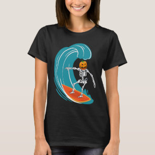 Skeleton Surfing Halloween Pumpkin Surfer T-Shirt