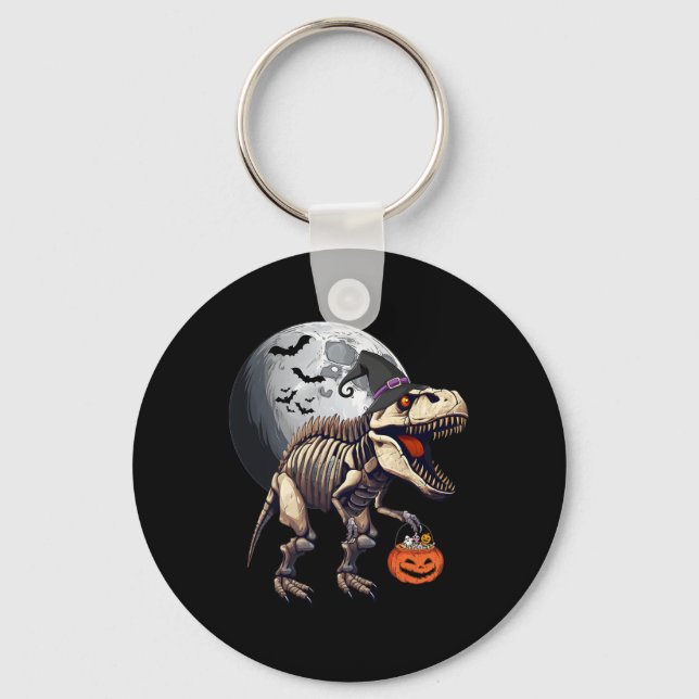 Skeleton T Rex Dinosaur Fun Halloween Pumpkin Boys Keychain (Front)