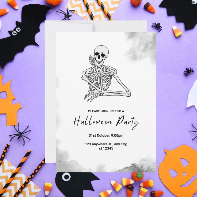Skeleton-Themed Black and White Halloween Invitation (Creator Uploaded)