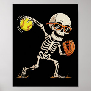 Skeleton Throwing Softll Halloween Sports Players Poster