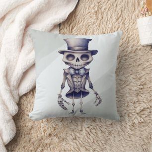 Skeleton Top Hat Bow Tie Grey Halloween Throw Pillow