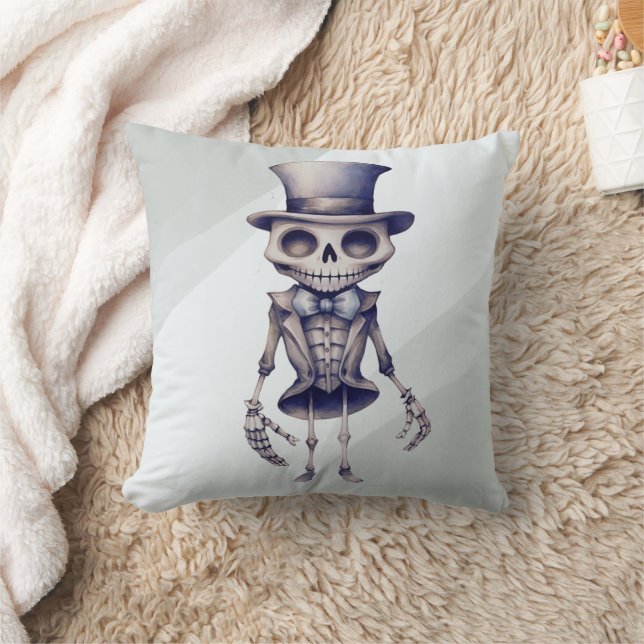 Skeleton Top Hat Bow Tie Grey Halloween Throw Pillow (Blanket)