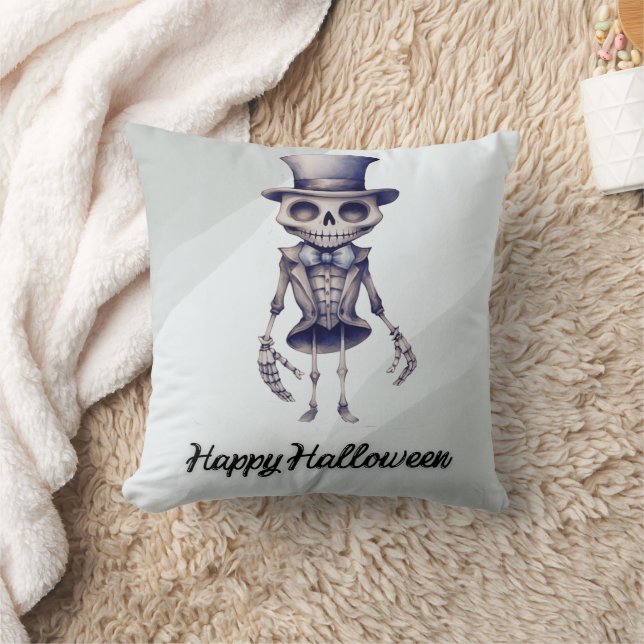 Skeleton Top Hat Bow Tie Grey Happy Halloween Throw Pillow (Blanket)